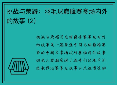 挑战与荣耀：羽毛球巅峰赛赛场内外的故事 (2)